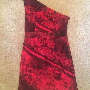 One shoulder red print party dress